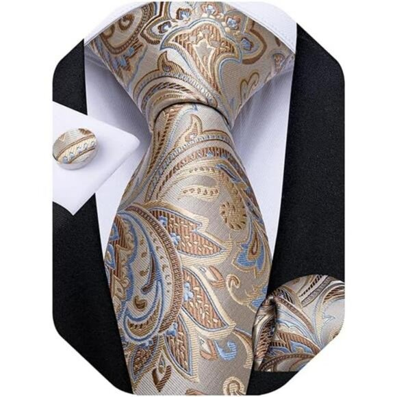 Men Silk Paisley Tie Pocket Square Cufflinks Set Wedding Tuxedo Formal - Picture 1 of 8